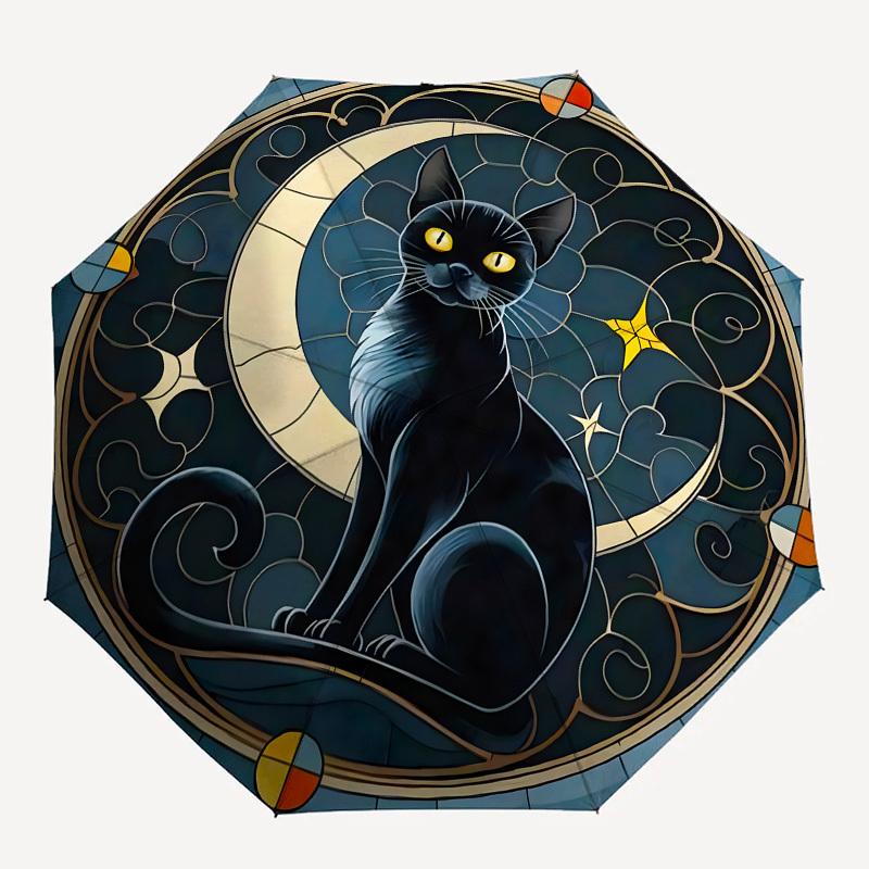 1pc Stained Glass Black Cat MoonUmbrella with Plastic Handle,Suitable for All Seasons Home Travel Outdoor UmbrellaB1574