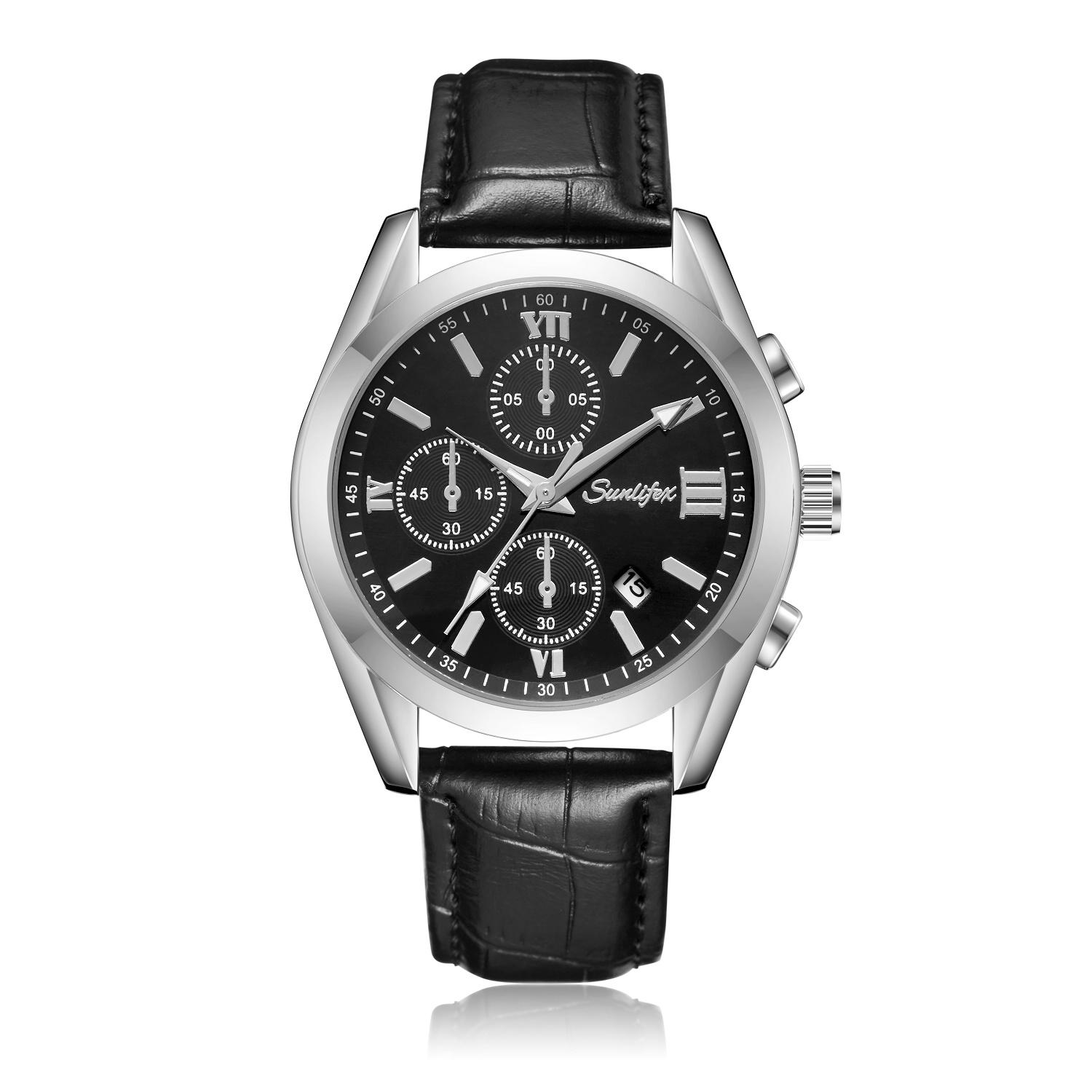 

Модные персонализированные трендовые круглые часы с календарем, ночной подсветкой, водонепроницаемые, мужские кварцевые часы, деловой кожаный ремешок No