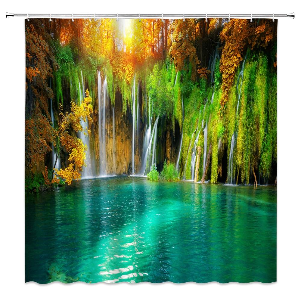 Natural Scenery Waterfall Shower Curtain Plant Lake River Landscape Bath Decor Bathroom Waterproof Polyester Cloth Curtain