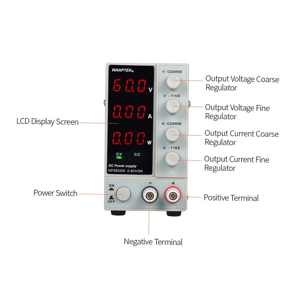 

wanptek NPS605W 0-60V 0-5A Імпульсний джерело живлення постійного струму 3-розрядний світлодіодний дисплей Високоточний регульований EU Plug білий