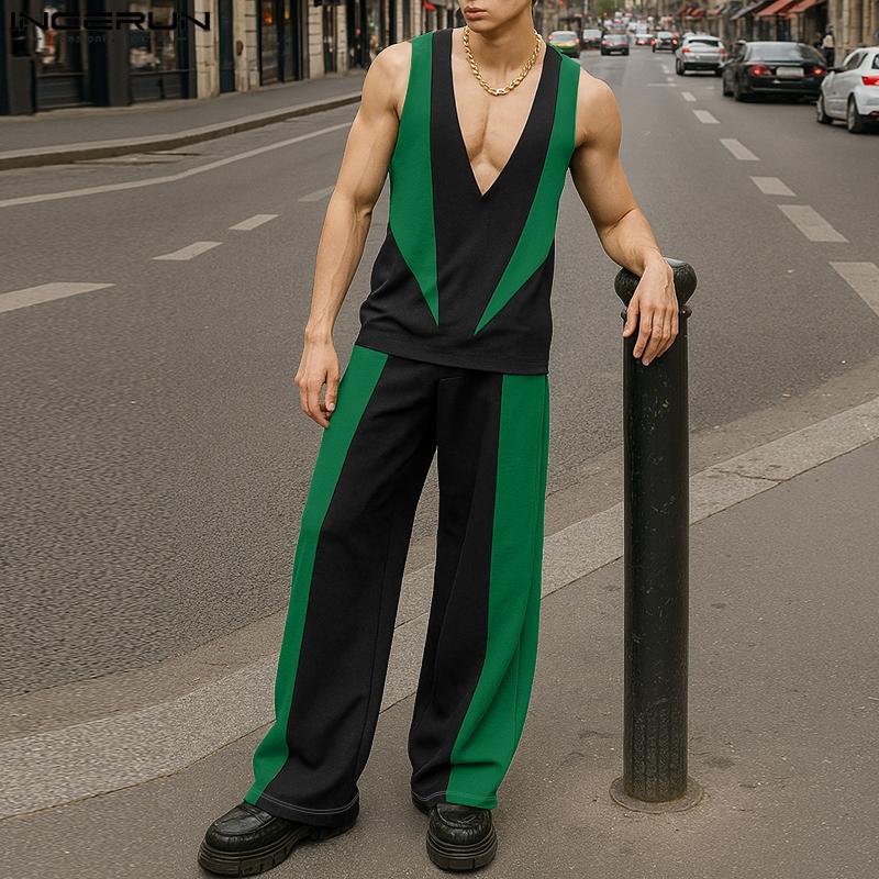 INCERUN Men V Neck Sleeveless Stitching Waistcoat and Long Pants Outfits Sets