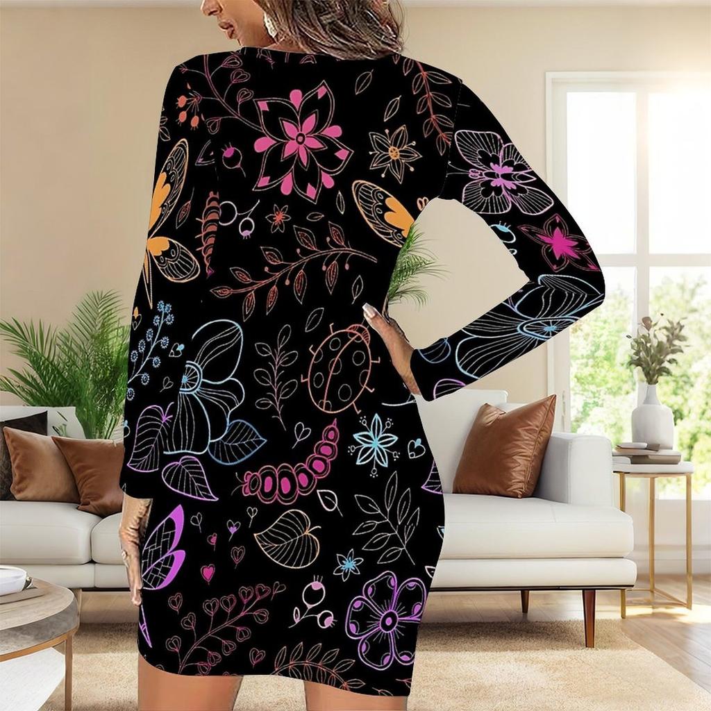2025 Outono e Inverno Novo Estampa Floral 3D e Tingimento Moda Feminina Manga Longa Gola Redonda Vestido Envolvente de Quadril Dia dos Namorados Limitado