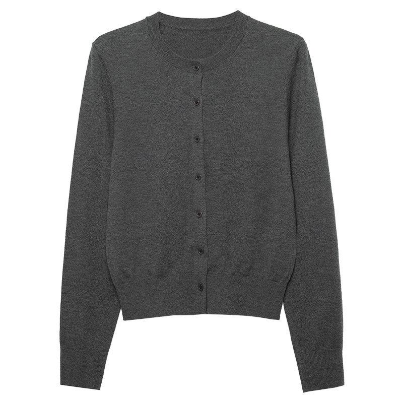 

Кардиган с длинным рукавом в рубчик из шелковой шерсти в корейском стиле - Женский универсальный модный топ с круглым вырезом, мягкий и удобный M серый