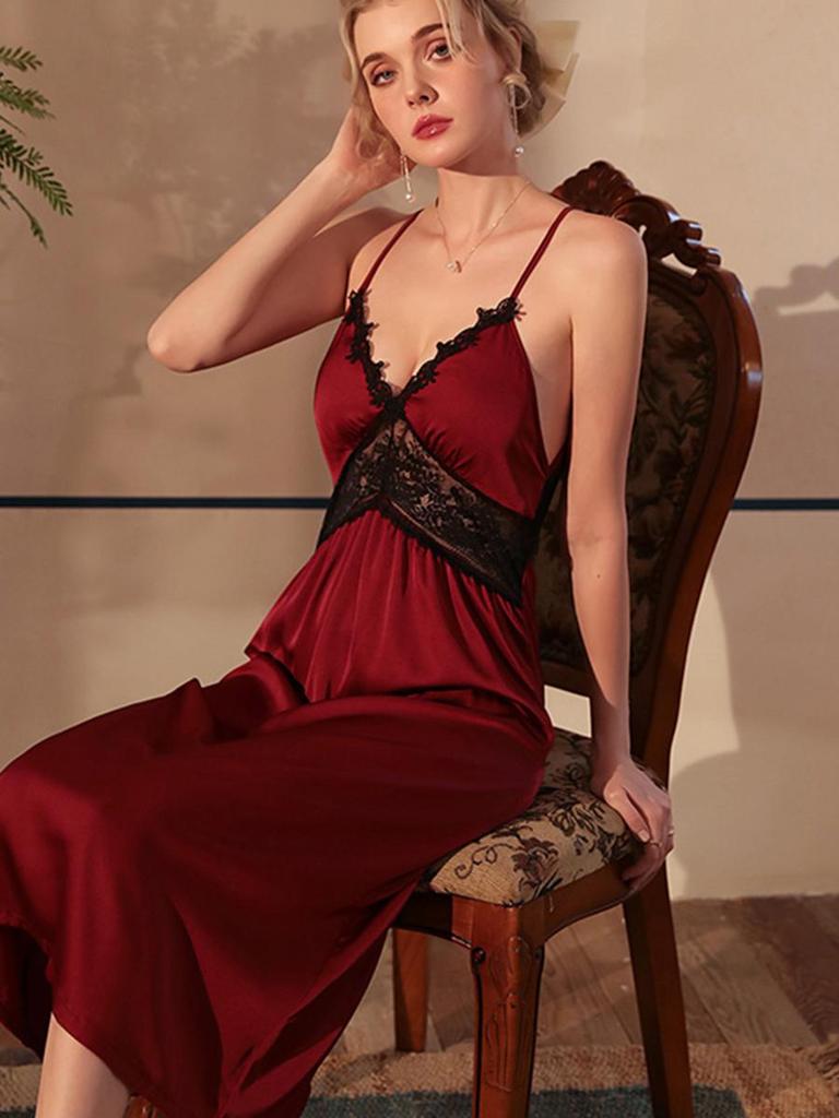 Detachable Chest Pad Summer Ladies Ice Silk Satin Sexy Brdal Long Nightdress