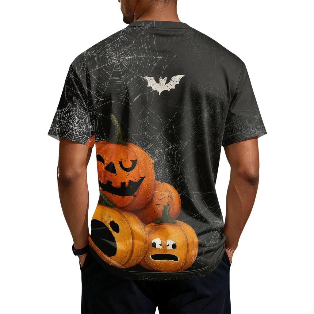 Men's Halloween Print Short Sleeve Henley Shirt Casual Round Neck Tee with Button Detail Suitable for Seasonal Wear