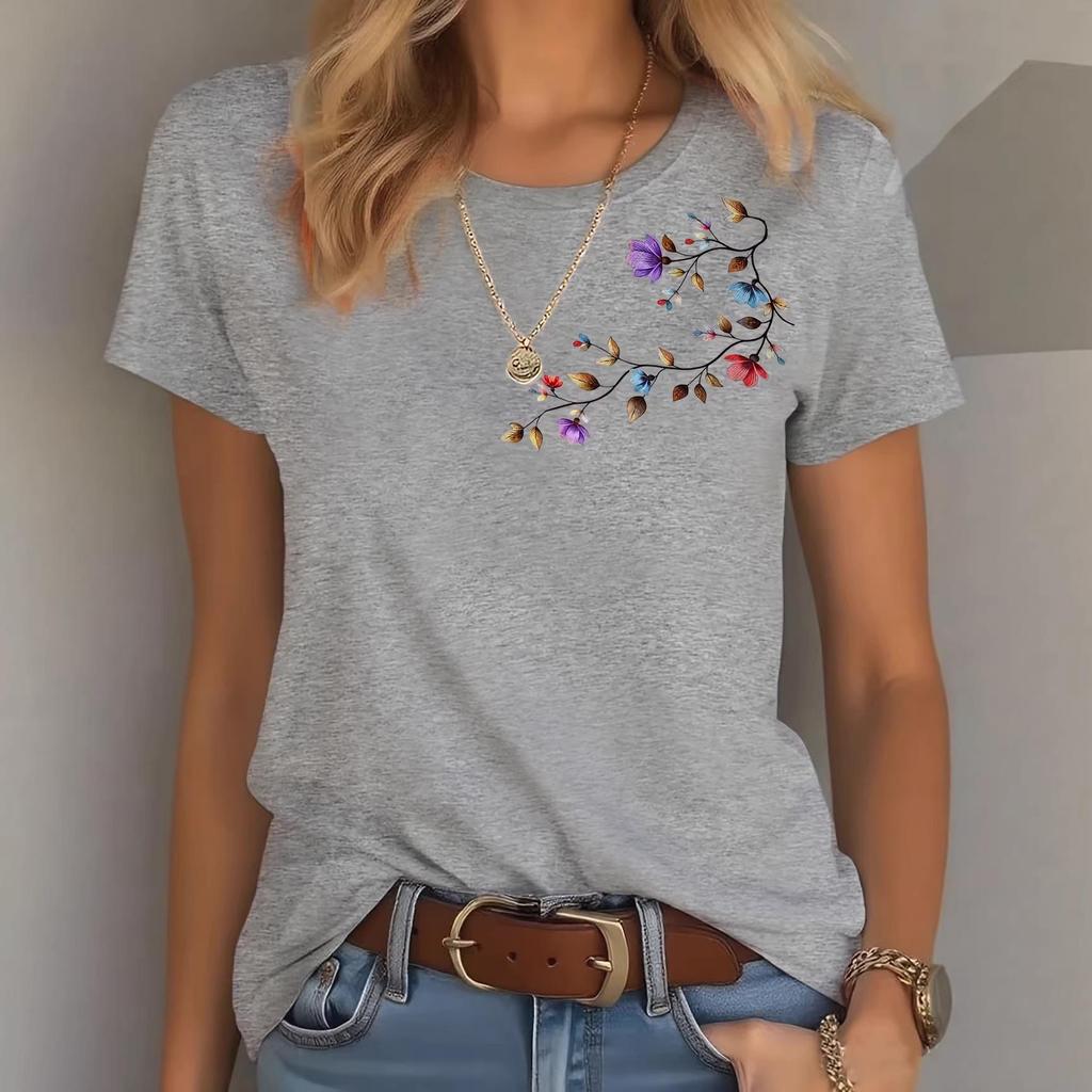 2026 Colorful Floral Round Neck Short Sleeve Casual Pure Cotton T-shirt