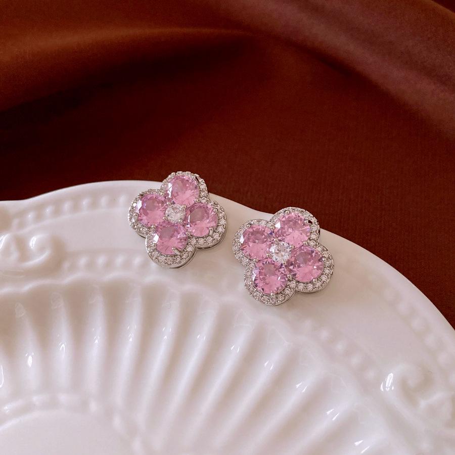 Silver Needle Zircon Flower Stud Earrings - Elegant Rhombus Design for Women