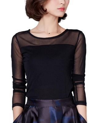 ROCAROCA Langarm Rundhals Sexy Shirt, Durchsichtig, Leicht, Stretch, (XL, Schwarz)