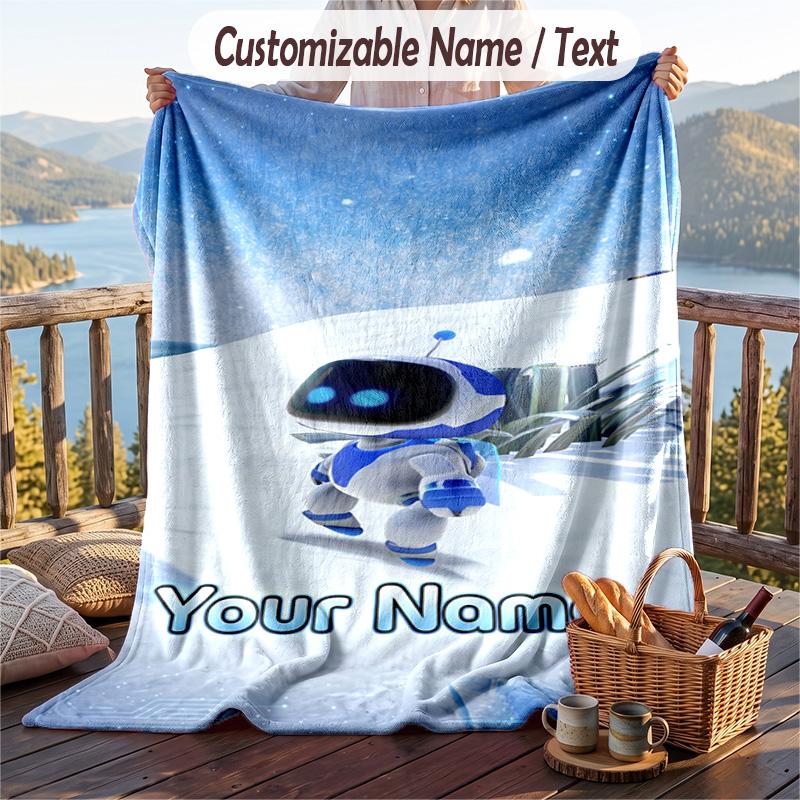 Astro Bot Flannel Blanket, Personalized Custom Name Text, Soft Warm Plush Throw Blanket For Gift