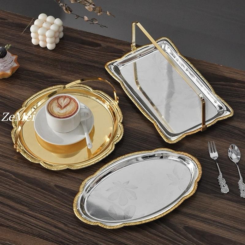 European-Style Rectangle Fruit Plate,Portable Carved Flower Texture Metal Cake Tray,28 cm Dessert Storage Snack Plate Decoration