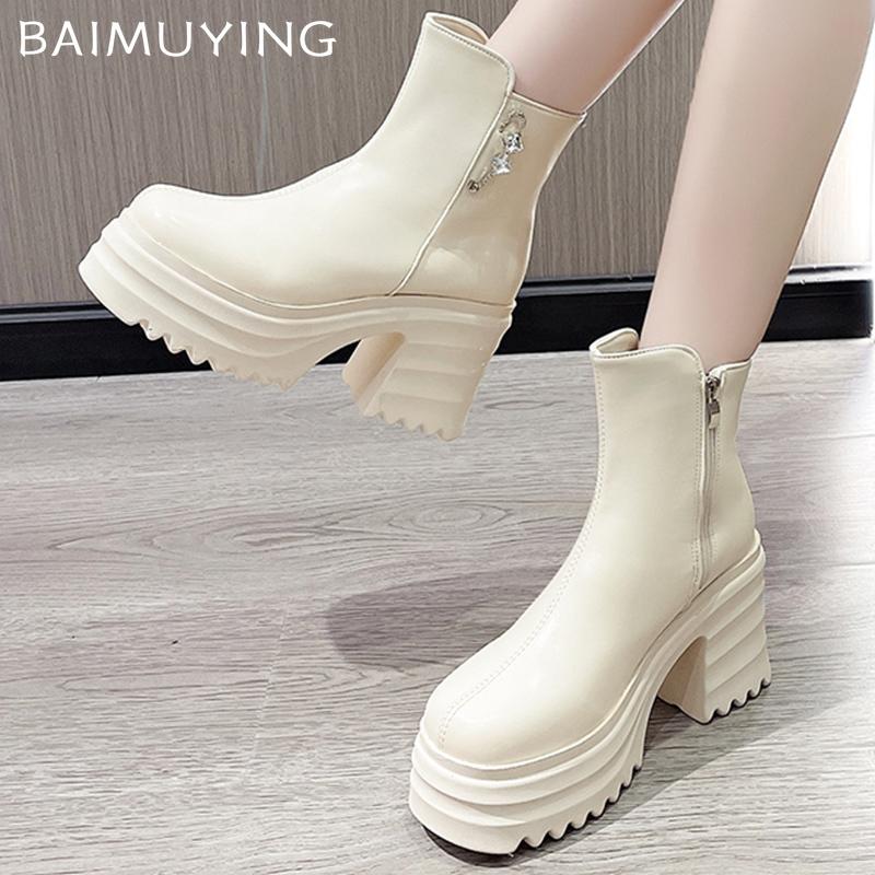 Platform Women Ankle Boots Crystal Leather High Heels Fad Shoes Designer Motorcycle Boots 2025 Trend Chunky Pumps Botas Mujer