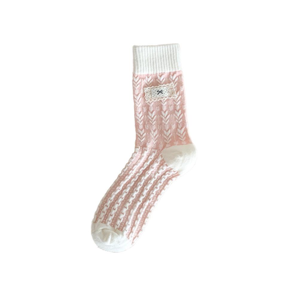 Female Autumn and Winter Thickened Warm Everything with Delicate Cloth Label Bowknot Floor Tube Stack Socks