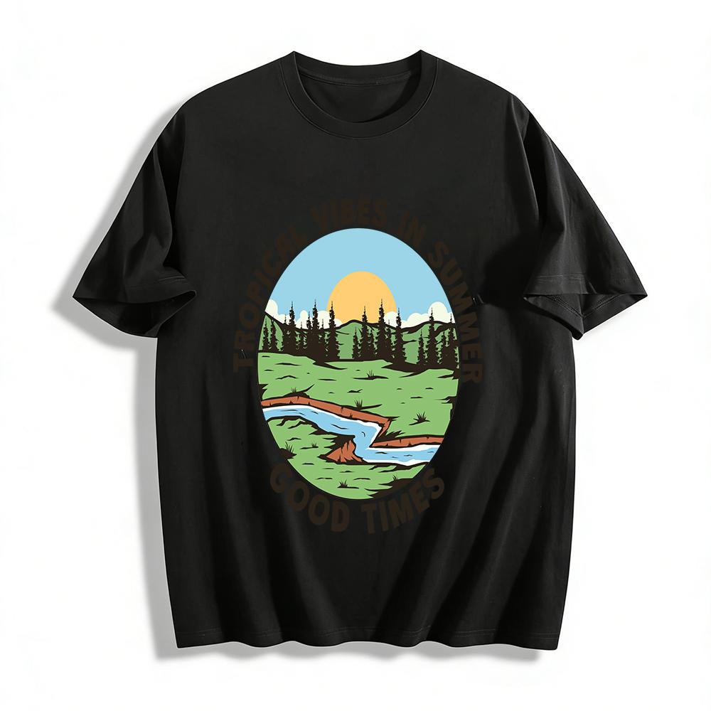 

Tropical Summer Vibes Scenic Print Casual Camping Tee Good Times Top Pure cotton T-shirt XXS