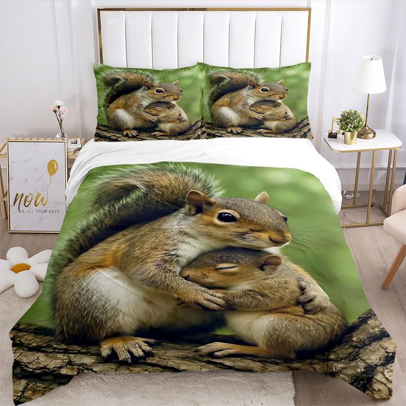 3pcs Squirrel Family Bedding Set - Includes One Quilt Cover and Two Pillowcases (No Core) - Cute Animal Design for Home Decor, Festival Gift
