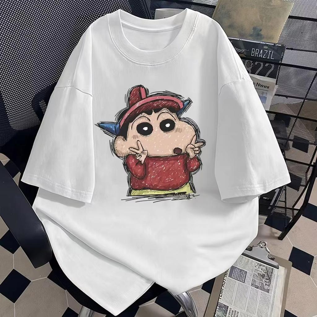 Heavyweight Pure Polyester Japanese Retro Crayon Shin-chan Print Short-sleeved T-shirt for Men, Summer Trendy Loose-fitting