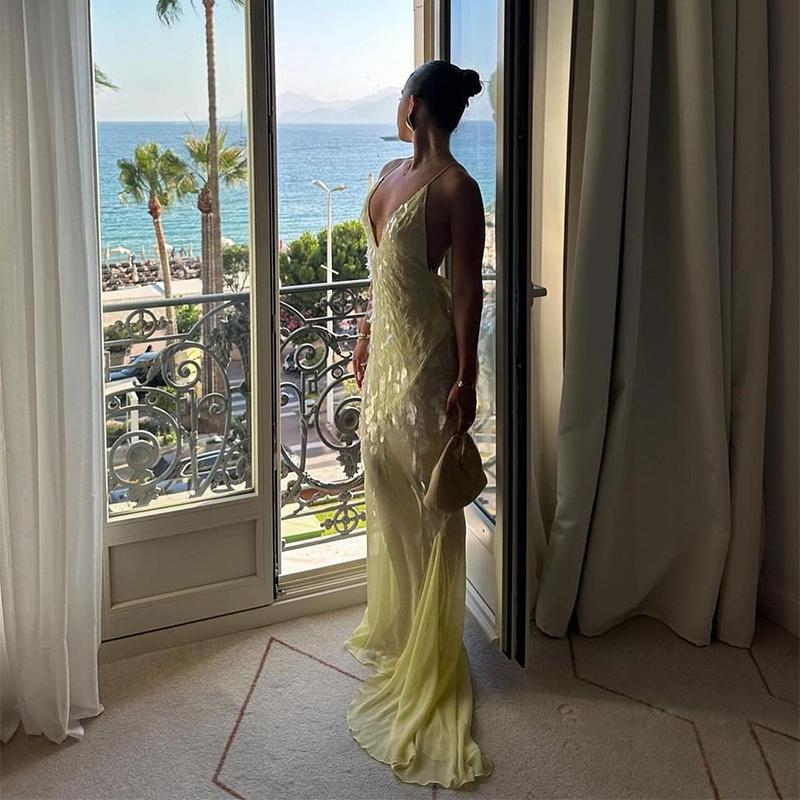 Sexy Hollow Sequin Sleeveless High Waist Evening Dress Casual Off Shoulder Deep V Slim Suspender Long Dresses