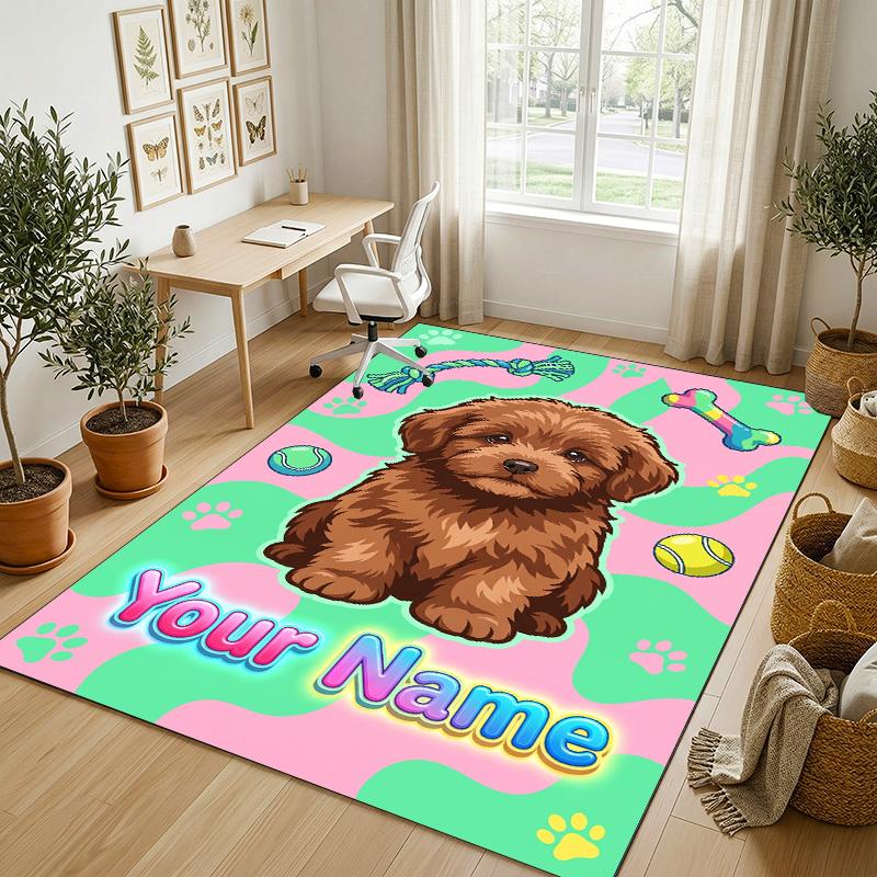 Dog Theme Crystal Velvet Rug Personalized Custom Name Text Soft Floor Mat Home Decor
