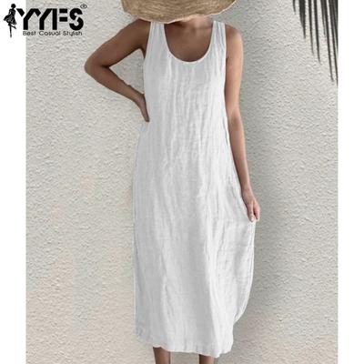 Women's Fashion Summer Spring Solid Color Print Sleeveless U-Neck Loose Waistline Casual Dresses