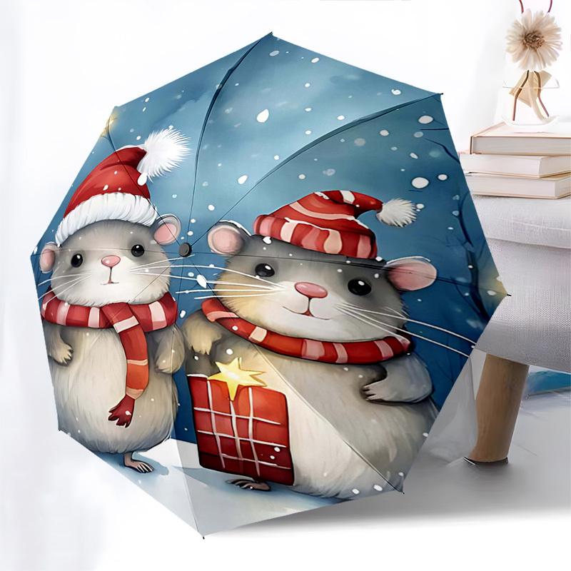 

1pc Christmas Hamster Santa Hat Scarf Auto Open Close Umbrella Portable 3-Fold Design 8-Bone Iron Frame Outdoor Umbrella Festival Gift Suitable for Fa