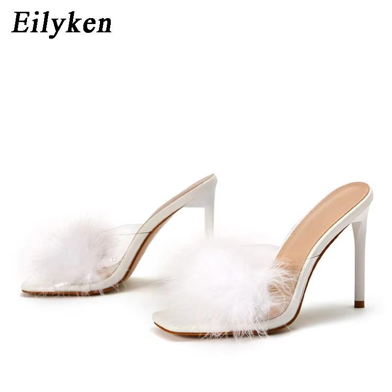 Fashion Eilyken Fashion Feather Thin Heels Fur PVC Slippers Sandals Women Peep Toe Mules Ladies Pumps Slides Shoes Size 35-42