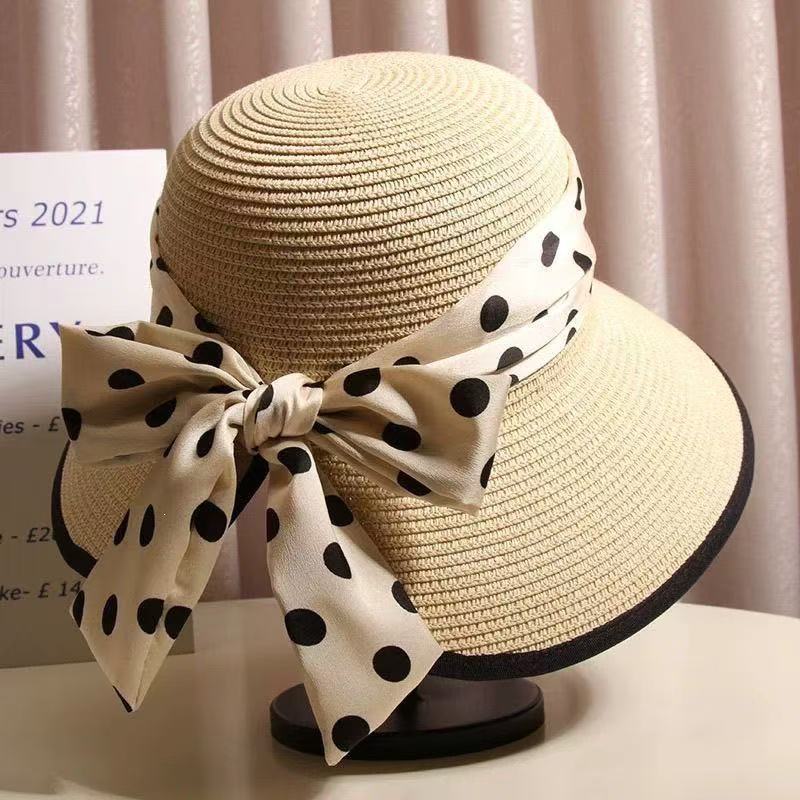 Fairy Wind Polka Dot Bow Straw Hat Female Summer Outing Straw Weaving Sunscreen Visor Sweet Beach Fisherman Basin Hat