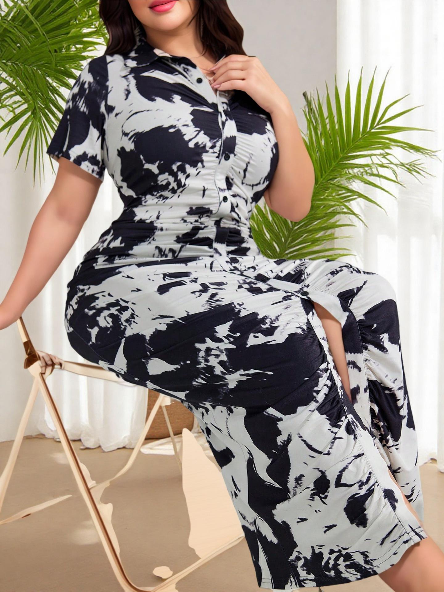 Ближний Восток Плюс Размер Чернильная Живопись Принт Короткий Рукав Складки на Талии Разрез Длинное Платье Костюм 4XL белый/чёрный