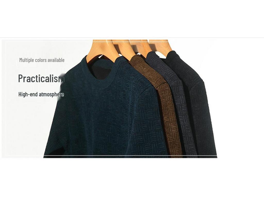Men's Fleece-lined Jacquard Sweater - Winter Warmth, Round Neck Solid Color Knitwear.