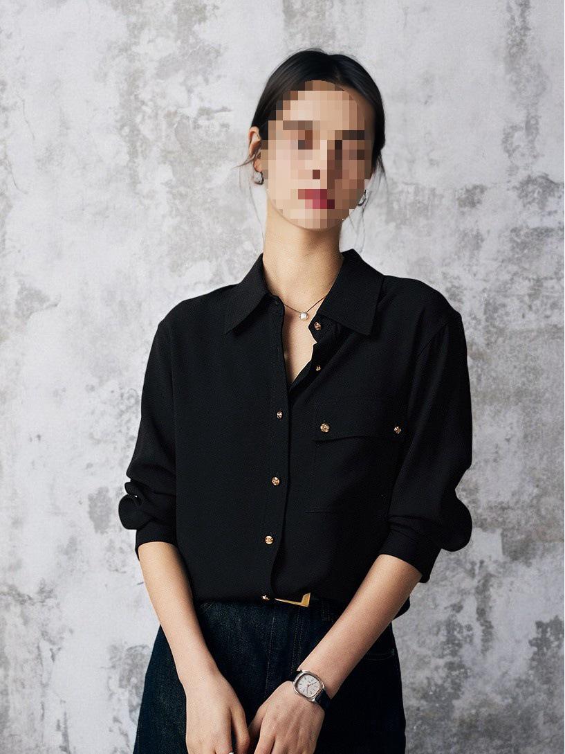 Bai Jia Hao Women s French Satin Black Summer Layering Shirt Extra Large
