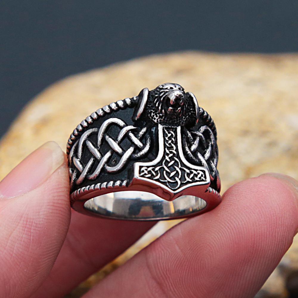 Nordic Stainless Steel Thor Hammer Ring Men Vintage Viking Bear Head Celtics Knot Ring Biker Amulet Viking Jewelry Gift