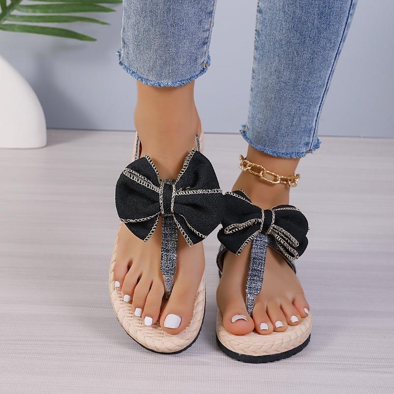 Women's Wide Width Bow Thong Sandals - Jute Rope Sole Flip Flops for Summer, Fashion Bohemian Slides