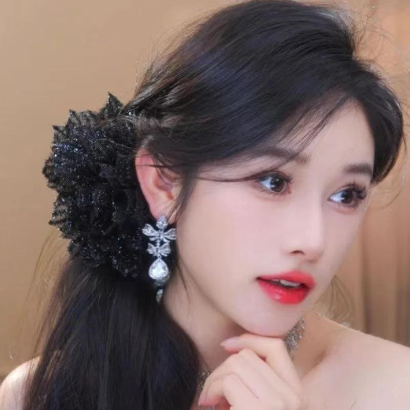Fashion Black Mesh Flower Hair Clip For Women Shark Ponytail Claw Headdress Temperament Hair Accessories