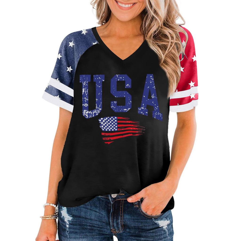 Damen V-Ausschnitt Pullover Kurzarm Lässiges T-Shirt USA Print Raglanärmel Oberteil Sommer T-Shirt