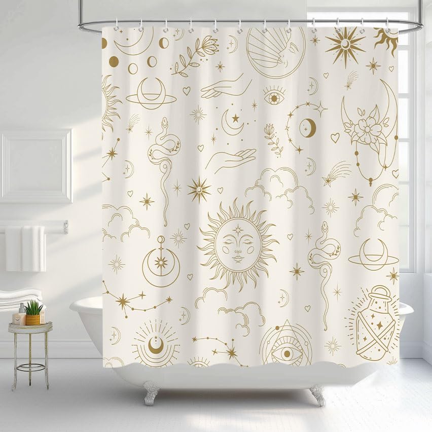 Beige Celestial Shower Curtain, Sun Moon Stars Constellation Print, Boho Style with 12 Hooks