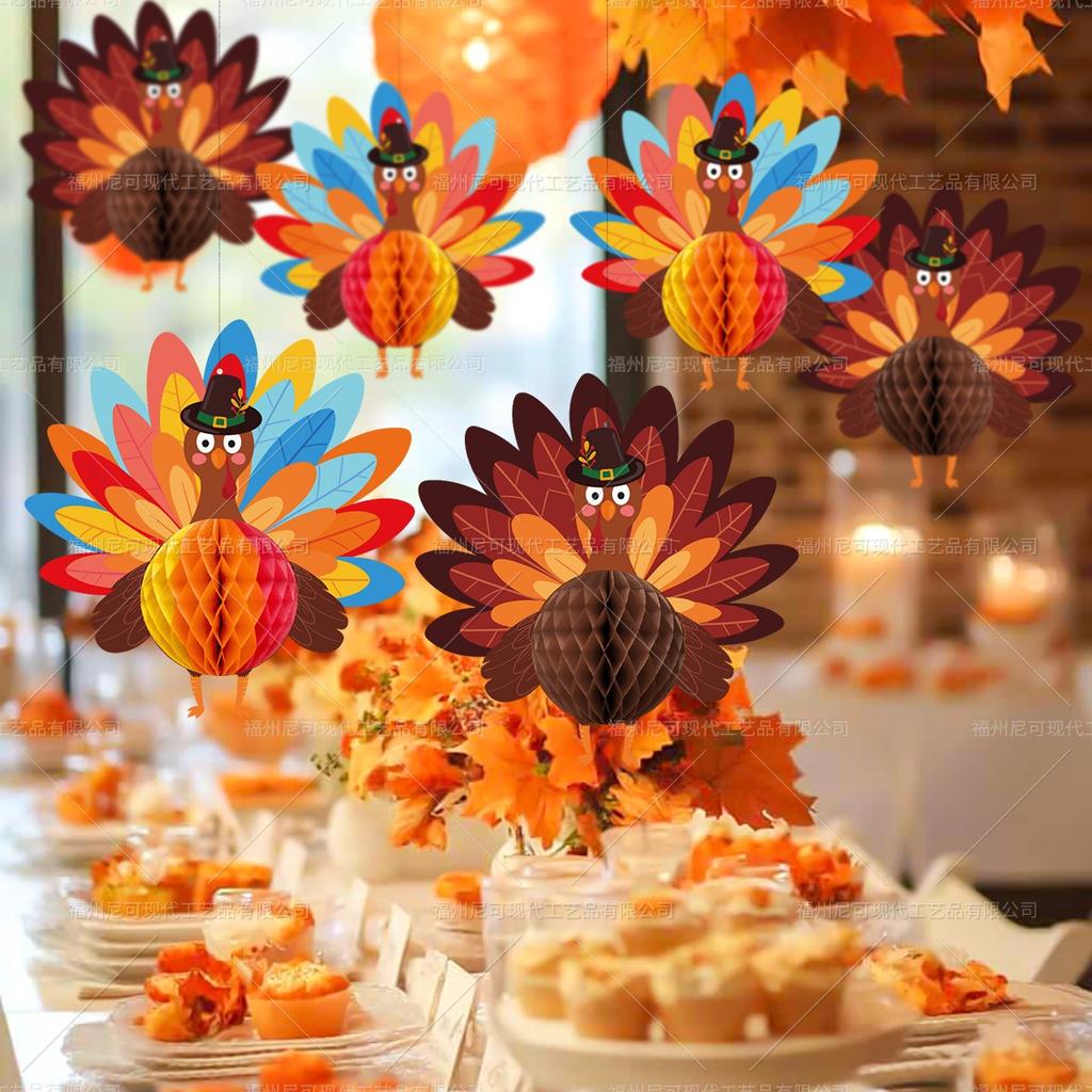 Thanksgiving Turkey Honeycomb Ball Hanging Pendants Fall Harvest Festival Table Ornaments Happy Thanksgiving Day 2025 Decoration