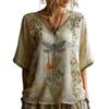 Retro V-neck Linen Dragonfly Short Sleeve Top