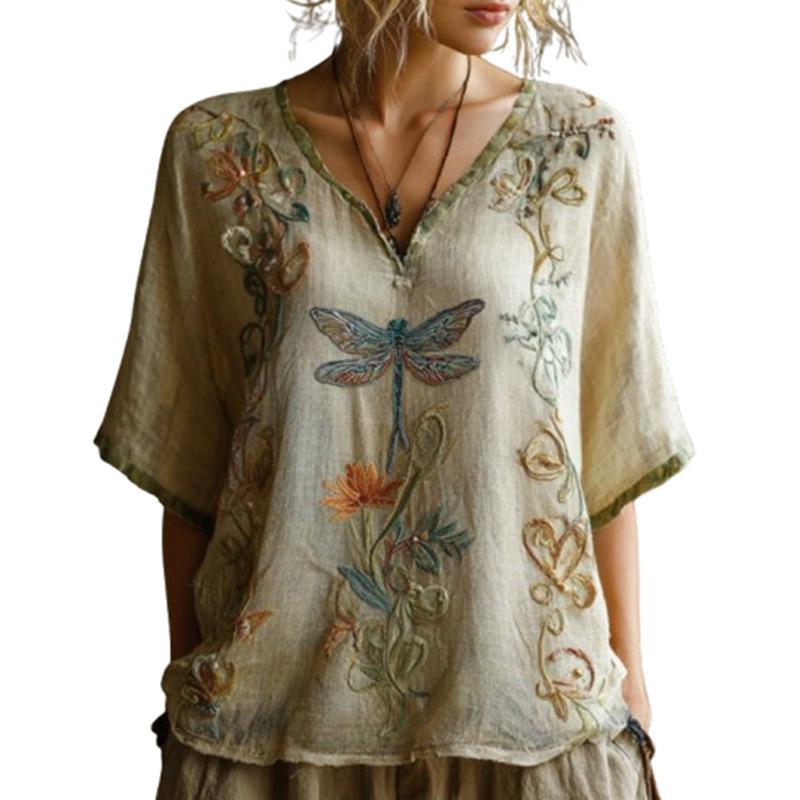 Retro V-neck Linen Dragonfly Short Sleeve Top