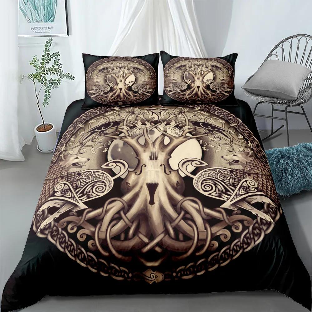 Vikings Yggdrasil Fenrir Wolf Bedding Set King Queen Double Full Twin Single Size Mythology Symbols Runes Bed Linen Set