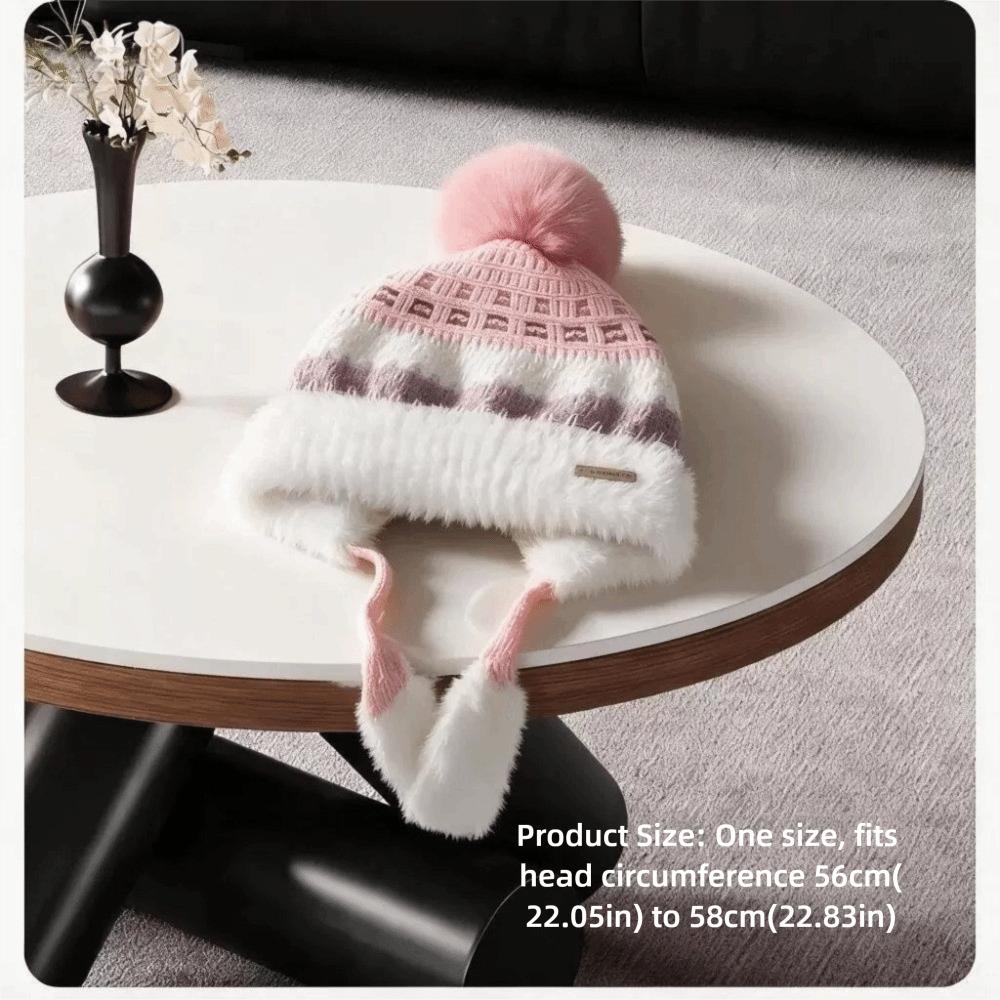 Pom Pom Ear Flap Hat Face Slimming Thick Plush Lined Hat Fair Isle Knitted Hat Outdoor Activities