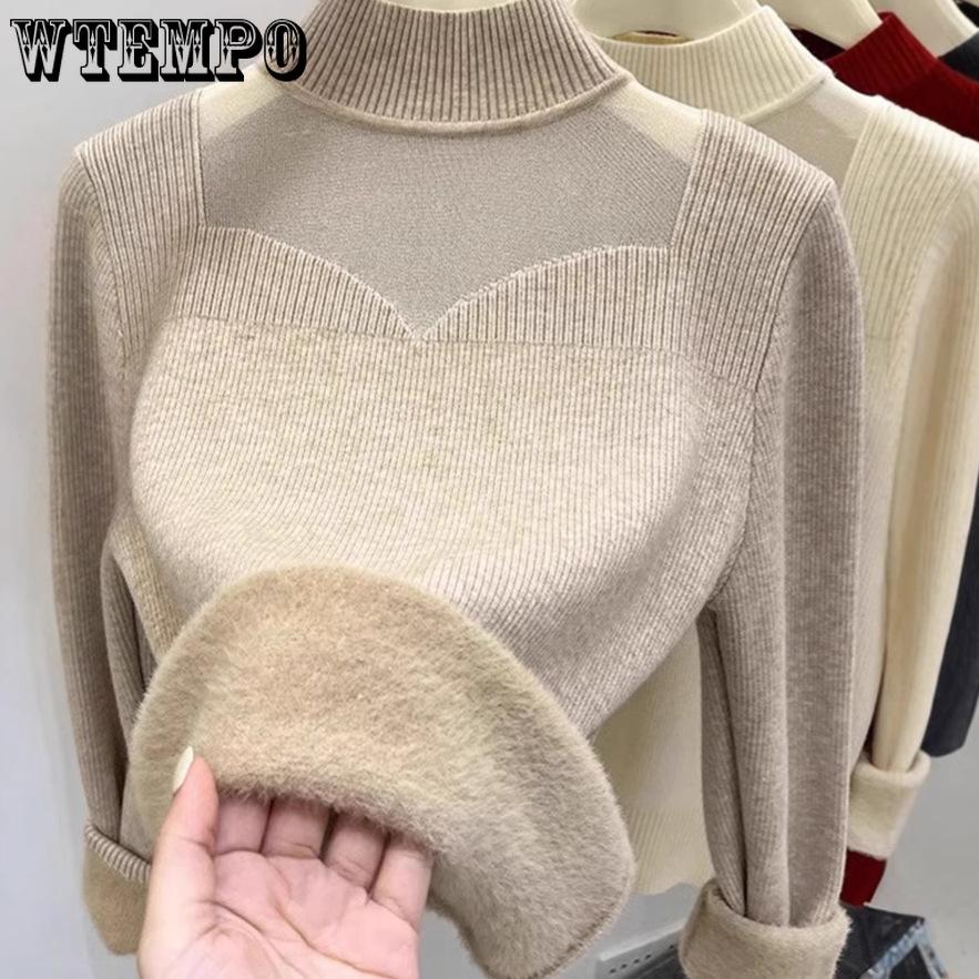 Winter Thick Sweater for Women with Velvet Half High Collar Bottom Shirt for Women
