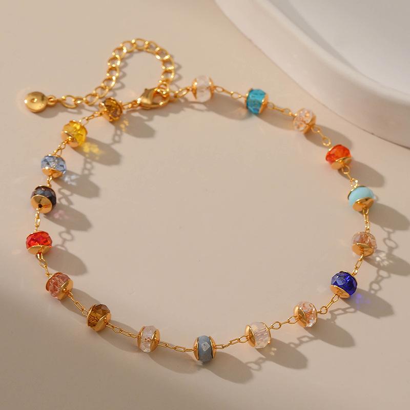 Women 18k Gold Plated Mixed Color Glass Bead Ethnic Style Beach Anklet