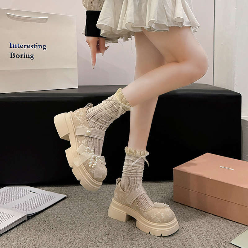 Thick-soled Mary Jane Small Leather Shoes New Spring and Autumn Heightening Printing French Retro Skirt Single Shoes