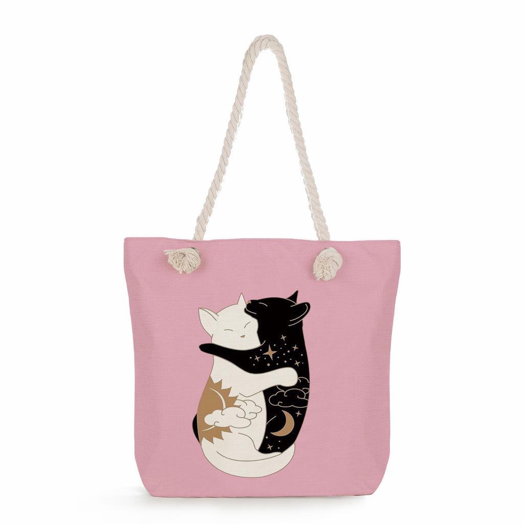 Cat print thick rope single-shoulder beach bag 7215