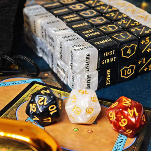 63-Piece MTG Counter Dice Set - Ability & Keyword Counters, -1/1 Life Counters, Shield Life Counter Dice, Creature Stat Boosts, Marble D6 Cube Dice fo