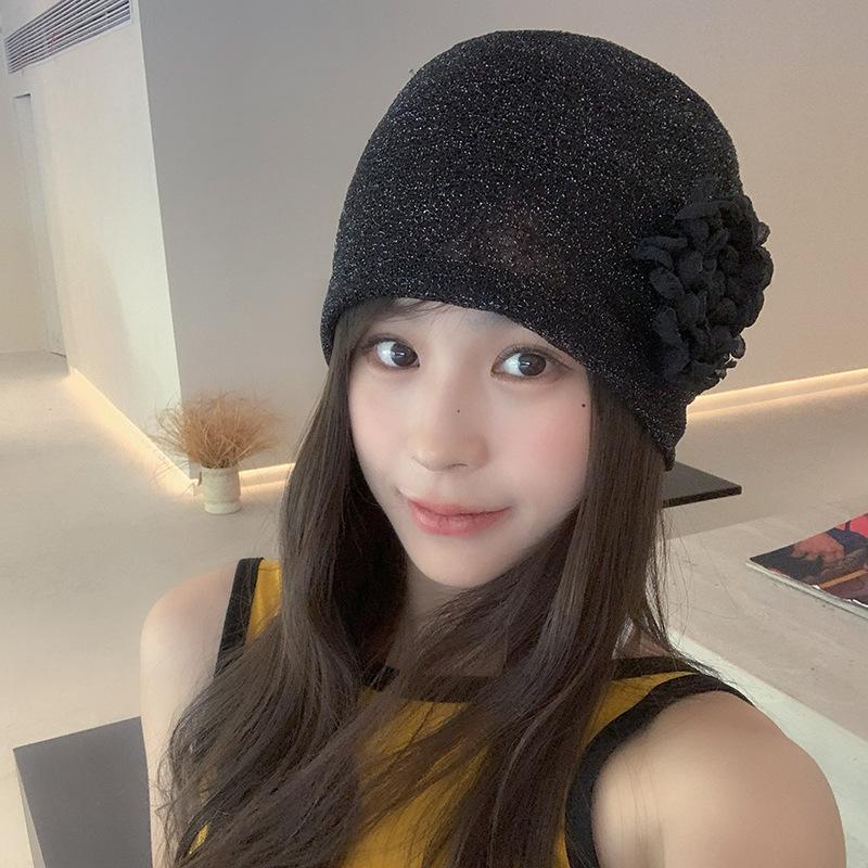 New Rose Flower Knitted Hat Side Flower Drawer Hat Mesh Pile Hat Showing Face Small Bag Head Hat