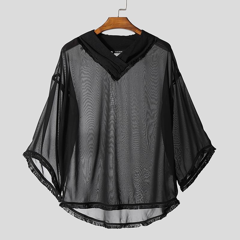 

INCERUN Мужские футболки с рукавом 3/4 «летучая мышь» из сетчатой ткани, прозрачные, топы 2XL чёрный