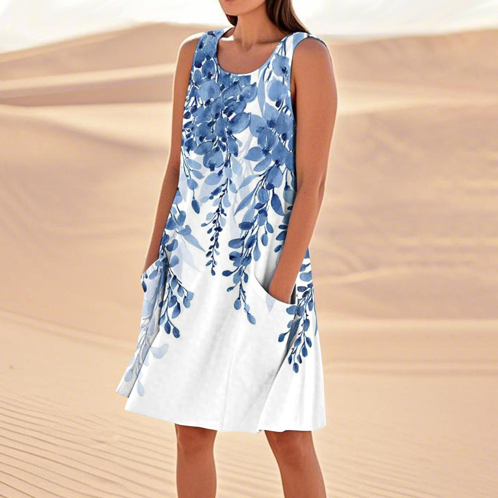 

Літні сукні для жінок Вільні пляжні повсякденні сарафани без рукавів з кишенями Сукня-майка XXXL