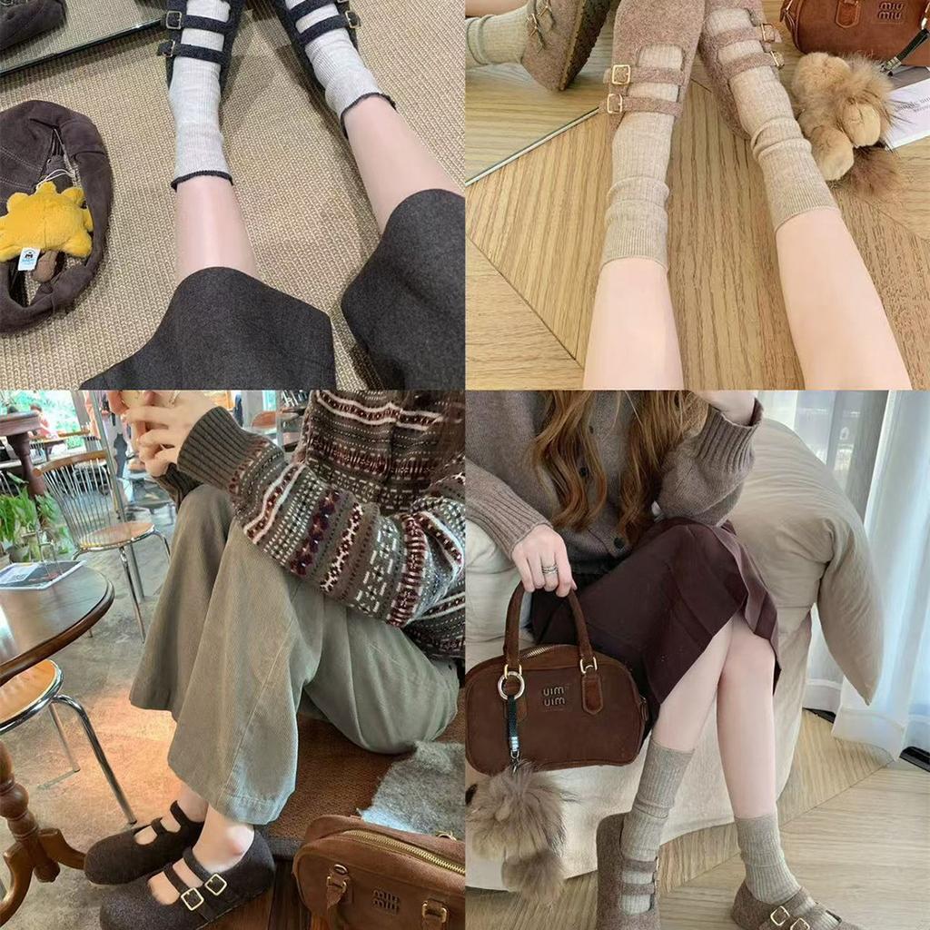Fan Gui ~ Height Increase 3.5cm ~ Round Toe Double Buckle Birkenstock Wool Mary Jane Wool Single Shoe Girl