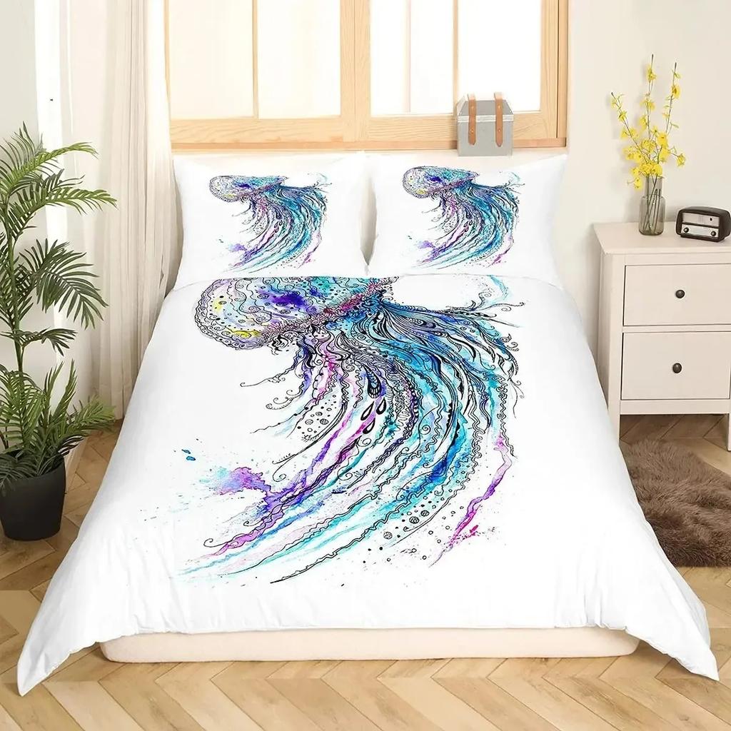 Teal Warm Comforter Cover Set King-Sized Dimensionsd Dimensions Ocean Decor,Jelyfish Soft Duvet Cover Nautical Sea Beding Set Marine Life Retro