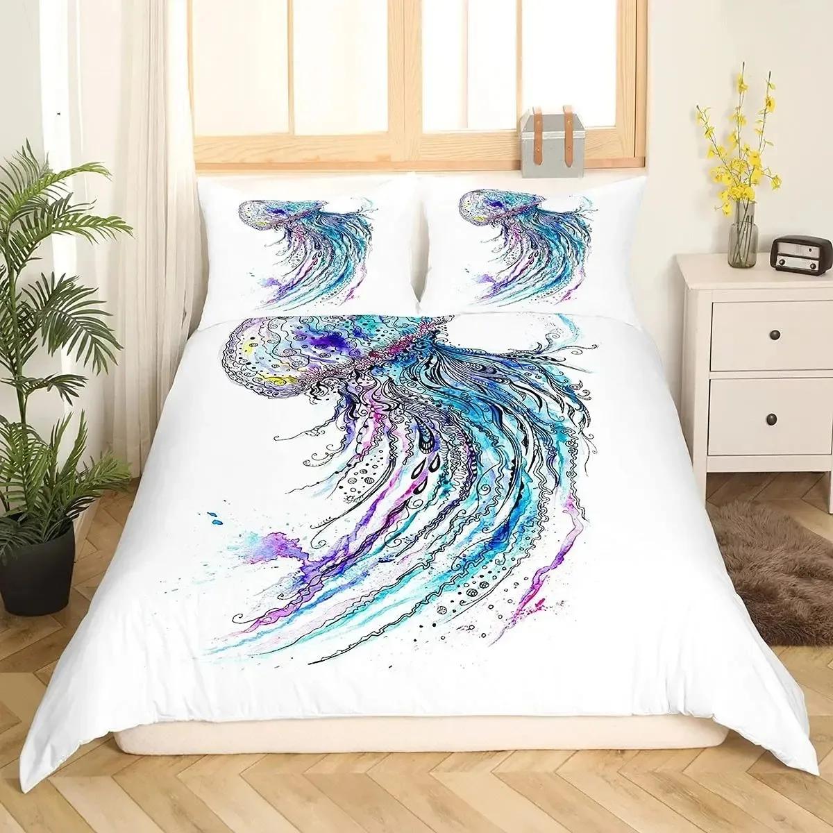 

Comforter Teal Comforter Set King Size Ocean Decorjellyfish Nautical Sea Bedding Set Marine Life Retro Sailboat Bed Set Comforter (quilt)-EU Single(135*200cm)3pcs