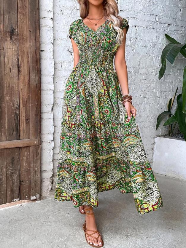 Women's Short Sleeve Maxi Dress V Neck Mid Rise Bohemian Streetwear Printed A Line Long Dress